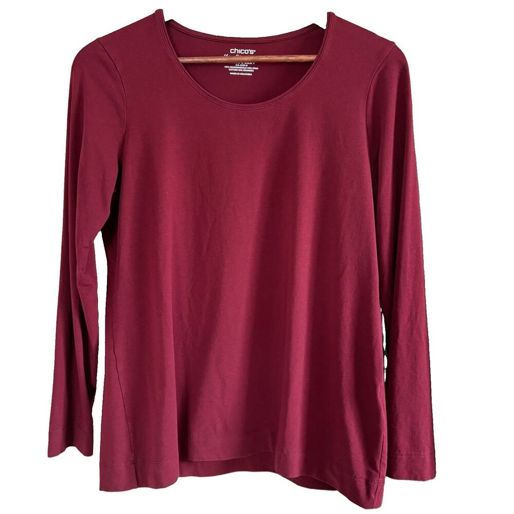 Chico's Size 1/M The Ultimate Tee Top Long Sleeve T-Shirt Scoop Neck Brick Red